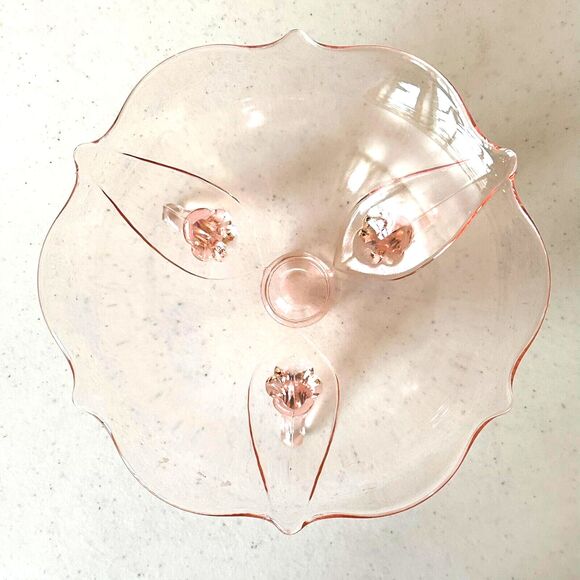 Rare Vintage Pink Depression Lancaster Jubilee 3 Footed bowl 3"H x 6.25”W - Picture 6 of 6